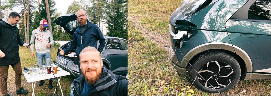 Hyundai Ioniq 5 cooking in the forest for some pancakes